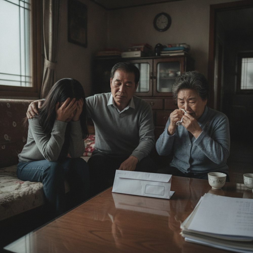 슬퍼하는 가족과 채무 고지서 서류 봉투 - 상속포기 신고 방법 : 3개월 기한·관할법원·준비서류 실전 정리