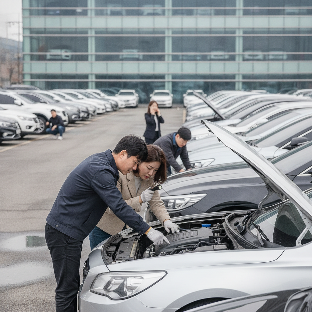 중고차 매매단지에 주차된 차량들