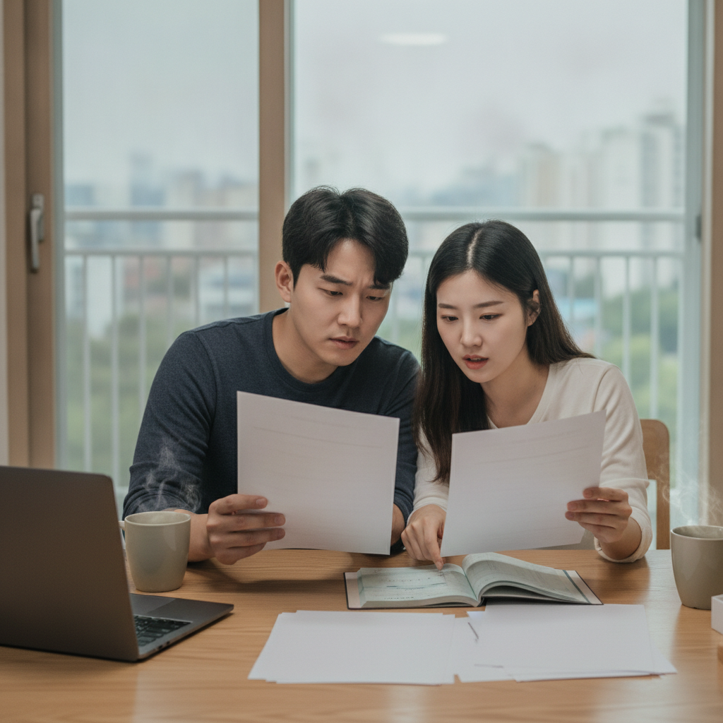 주택 전세계약서와 은행 통장 거래 내역을 꼼꼼하게 대조하는 모습